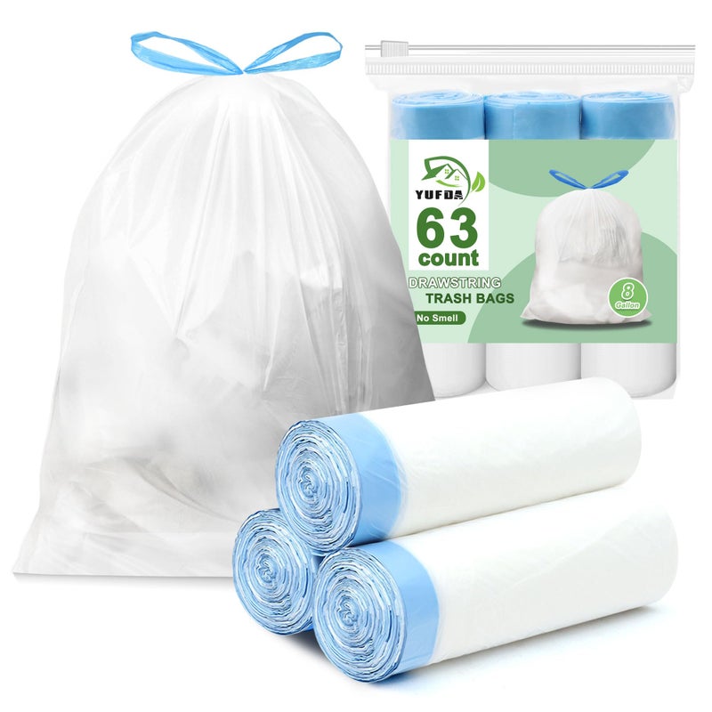 YUFDA 8 Gallon Trash Bags Drawstring-63 Count Pre-separated Medium Trash Bags 8 Gallon, White Unscented 8 Gal Garbage Bags for Home Kitchen Bathroom - Image 1